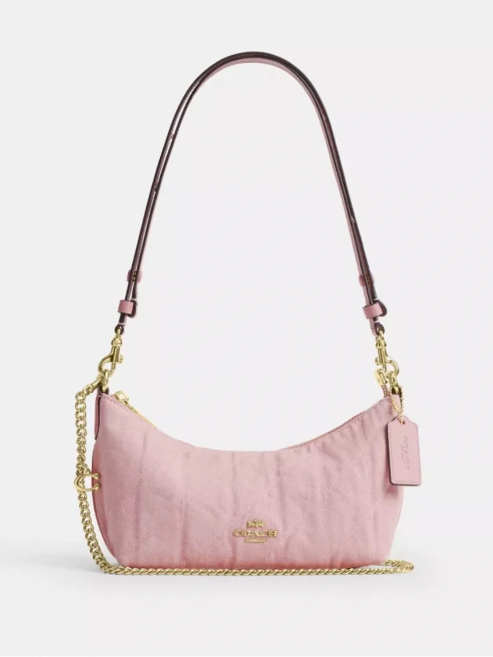 NWT💖Coach Caitlin Shoulder Bag Quilting And Charm CEQ62 Pink Denim Chain Gift